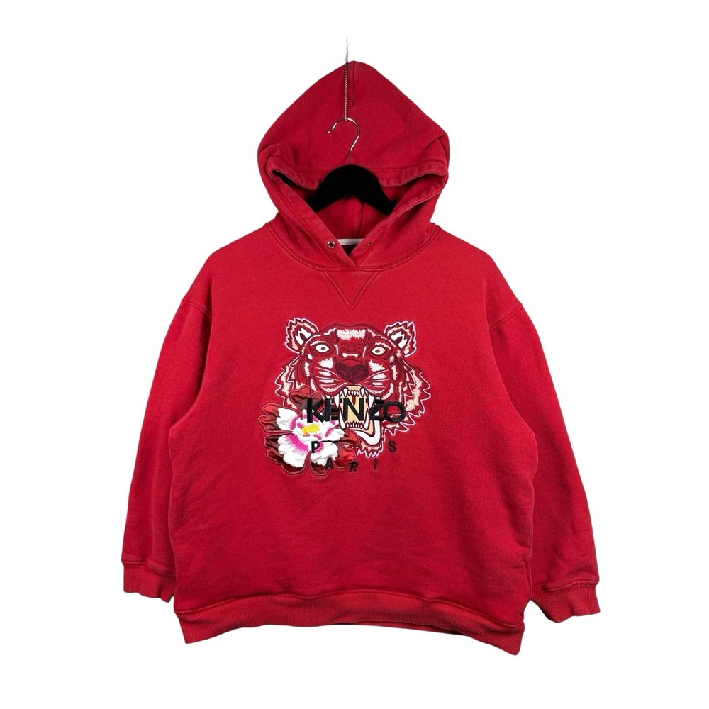 KENZO Red Embroidered Tiger Flower Hoodie w Pockets, Women's Sz M/L